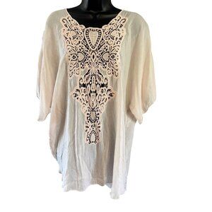 New Johnny Was Faint Pink Beige Crochet Accented Tunic Blouse Top Sheer